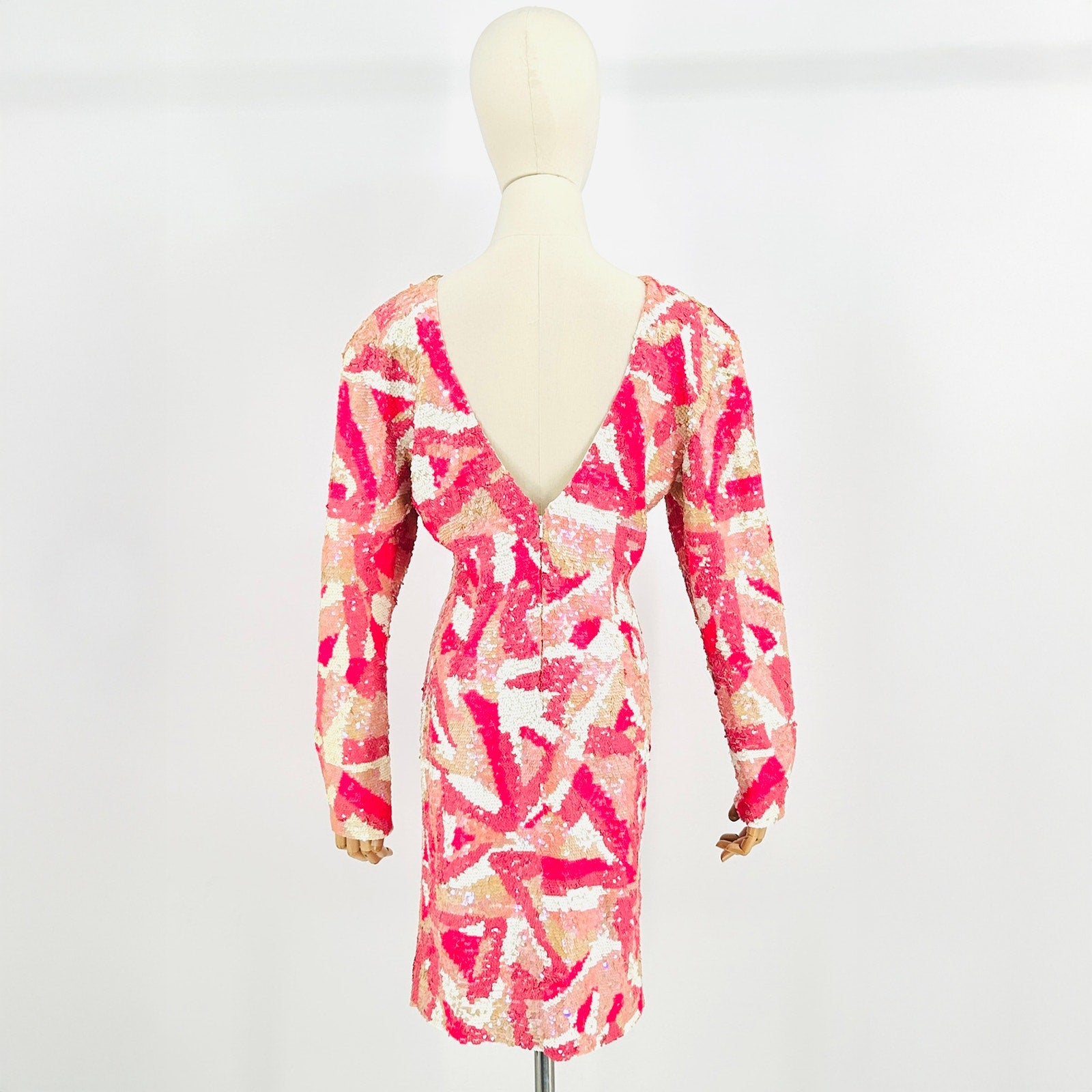 Vintage 80s Lillie Rubin Pink White Geometric Sequin V-Back Mini Dress