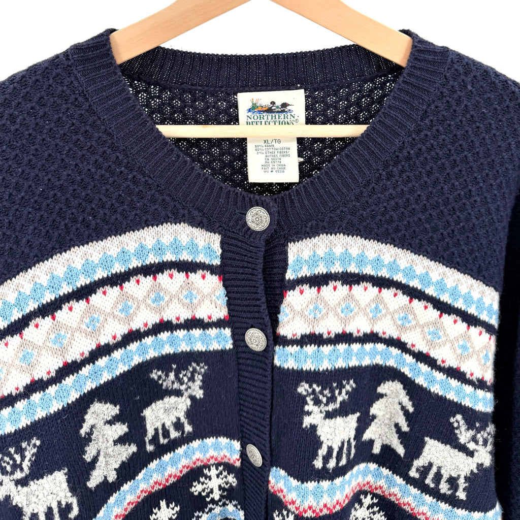 Vintage 90s Northern Reflections Navy Blue Fair Isle Reindeer Cardigan Sweater