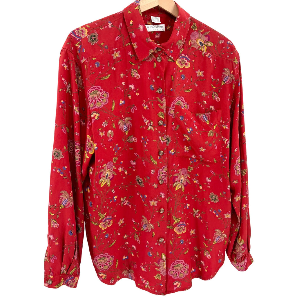 Vintage 90s Liz Claiborne Collection Red Floral 100% Silk Blouse