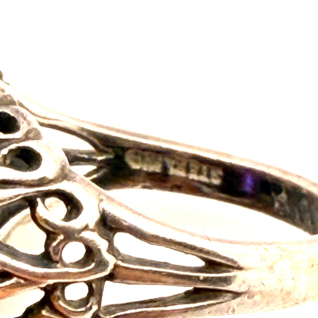Vintage 70s Stamped Sterling Silver Amethyst Filigree Cocktail Statement Ring