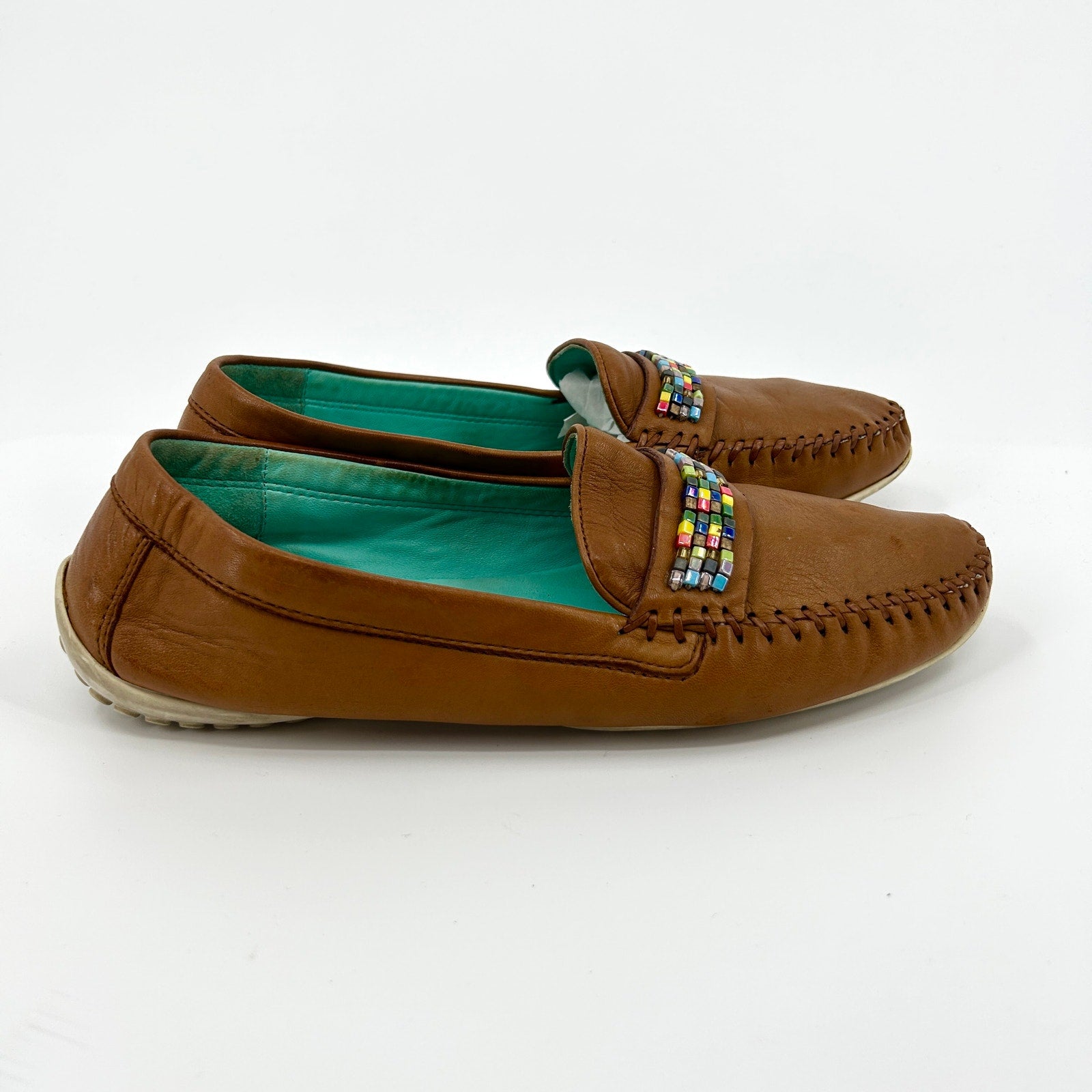 Vintage 90s Robert Zur Brown Leather Beaded Moccasin Driving Shoes