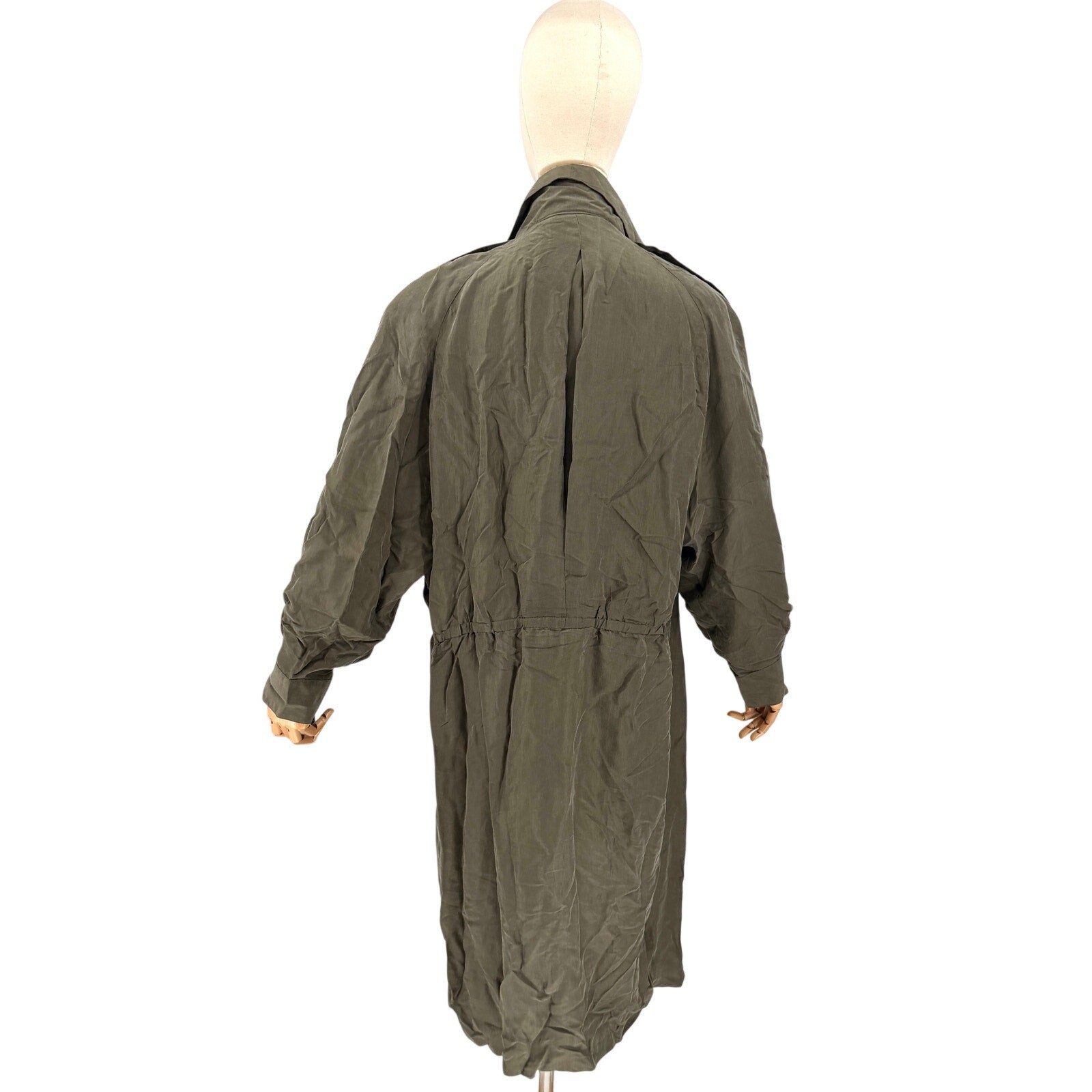 Vintage 80s Argenti Olive Green 100% Silk Lightweight Trench Coat Duster