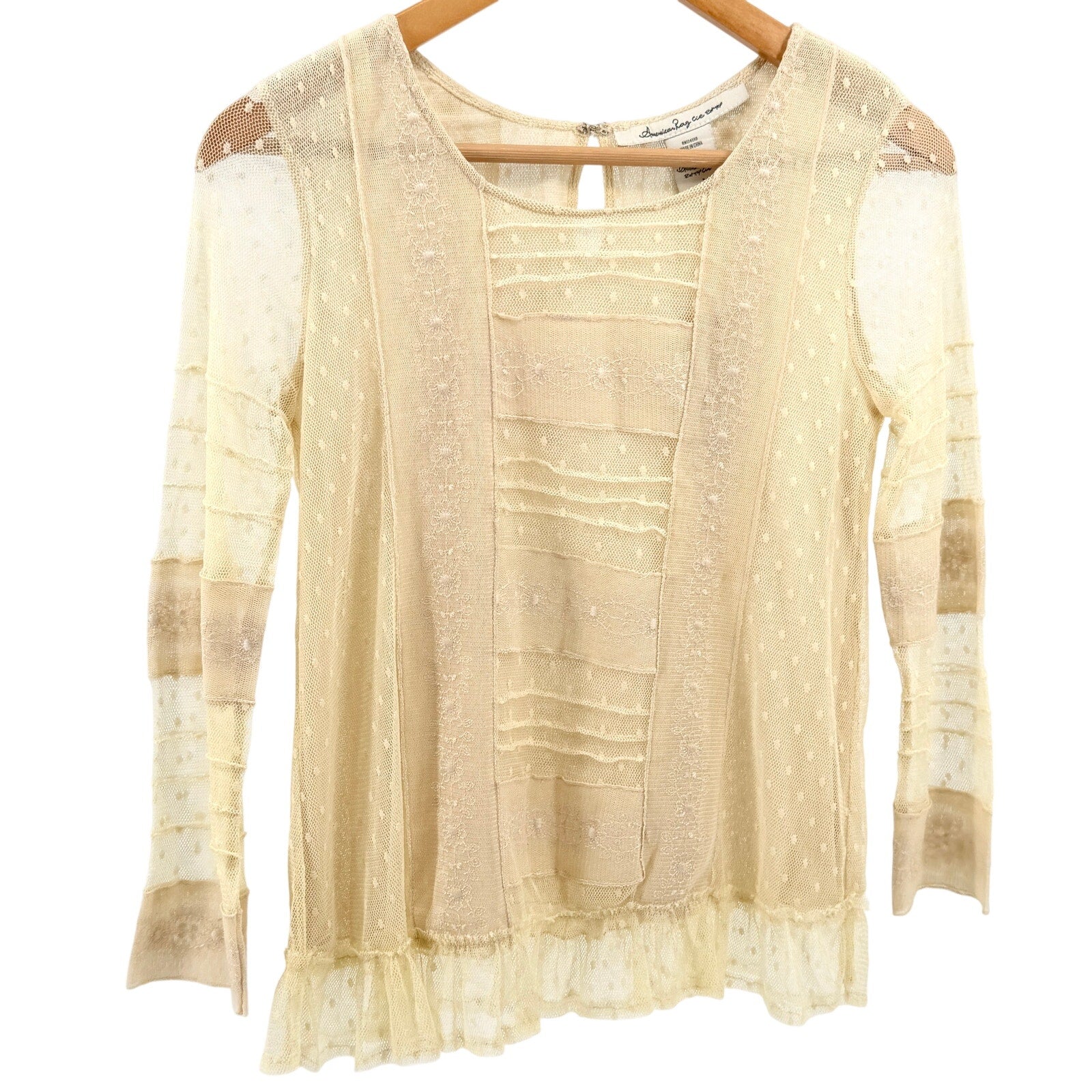 American Rag Cream Lace Pointelle Mesh Ruffle Blouse