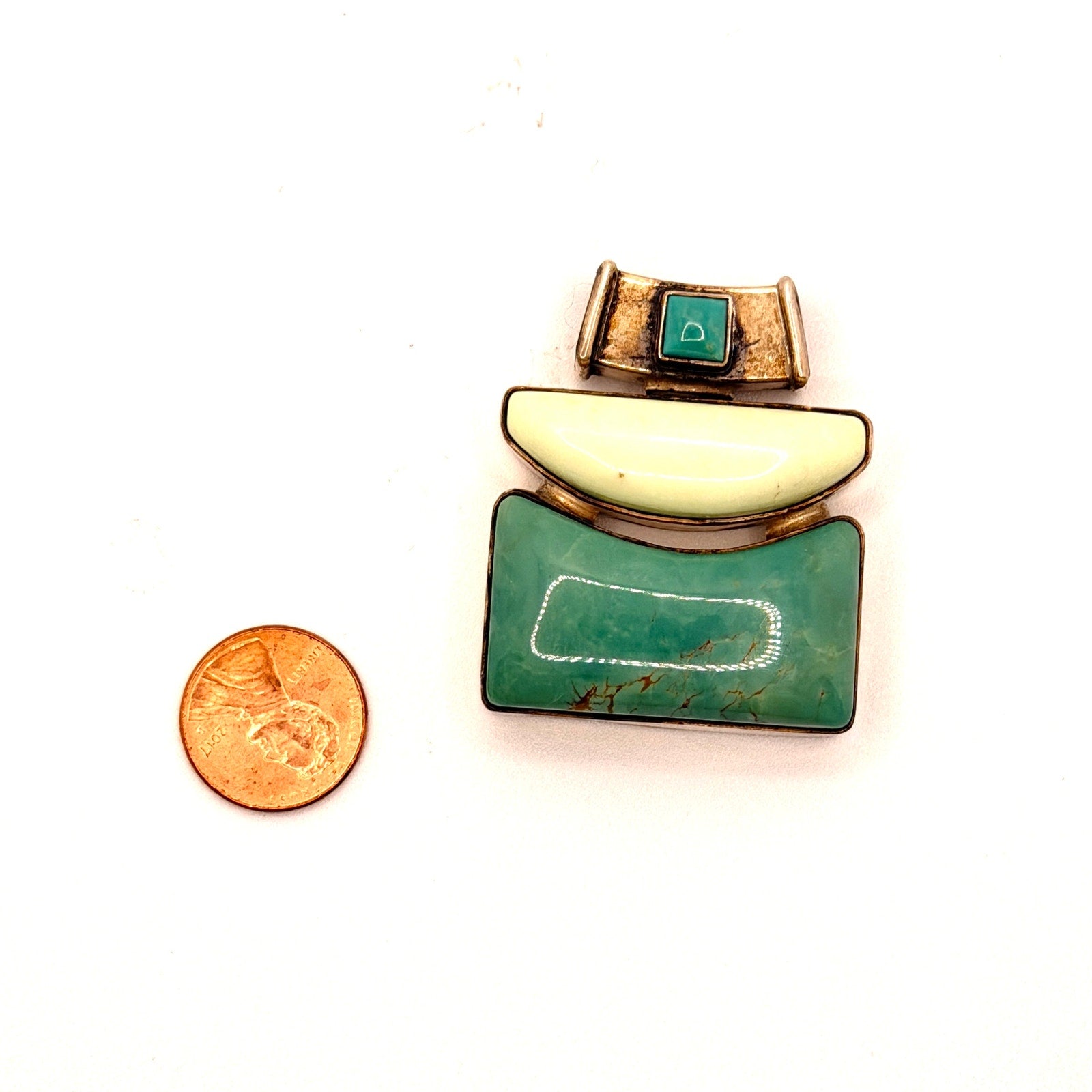 Vintage 2002 Signed D. Troutman Green Turquoise Sterling Silver Pendant