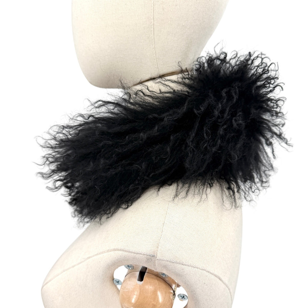 Vintage Y2K Unbranded Black Genuine Sheepskin Shaggy Curly Fur Collar Wrap Scarf