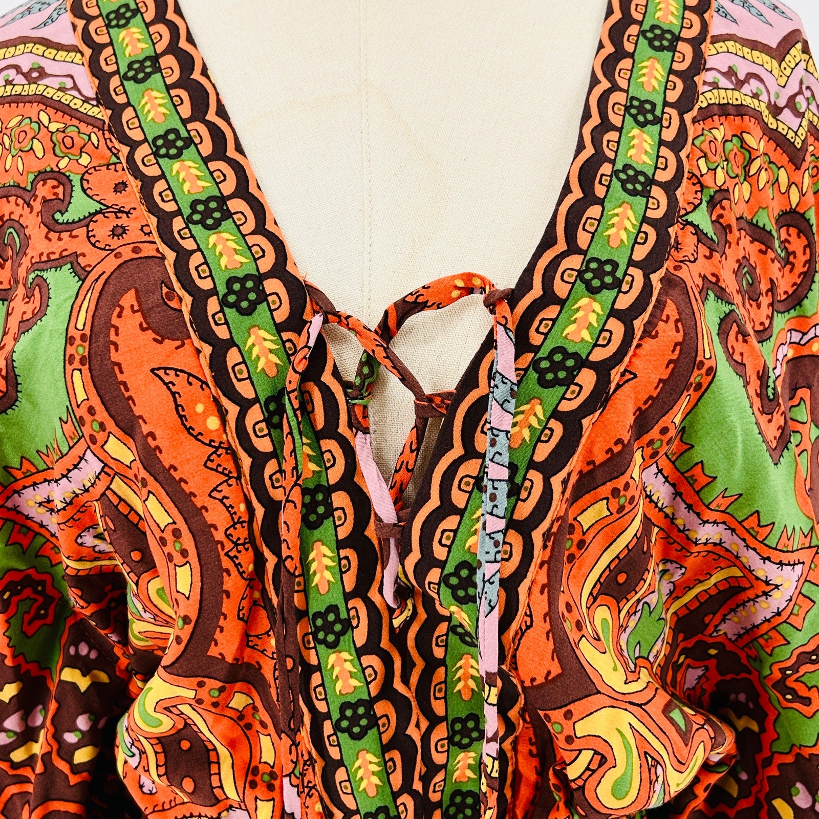 Farm Rio Pink Orange Green Brown Paisley Tapestry Lace-Up Mini Dress