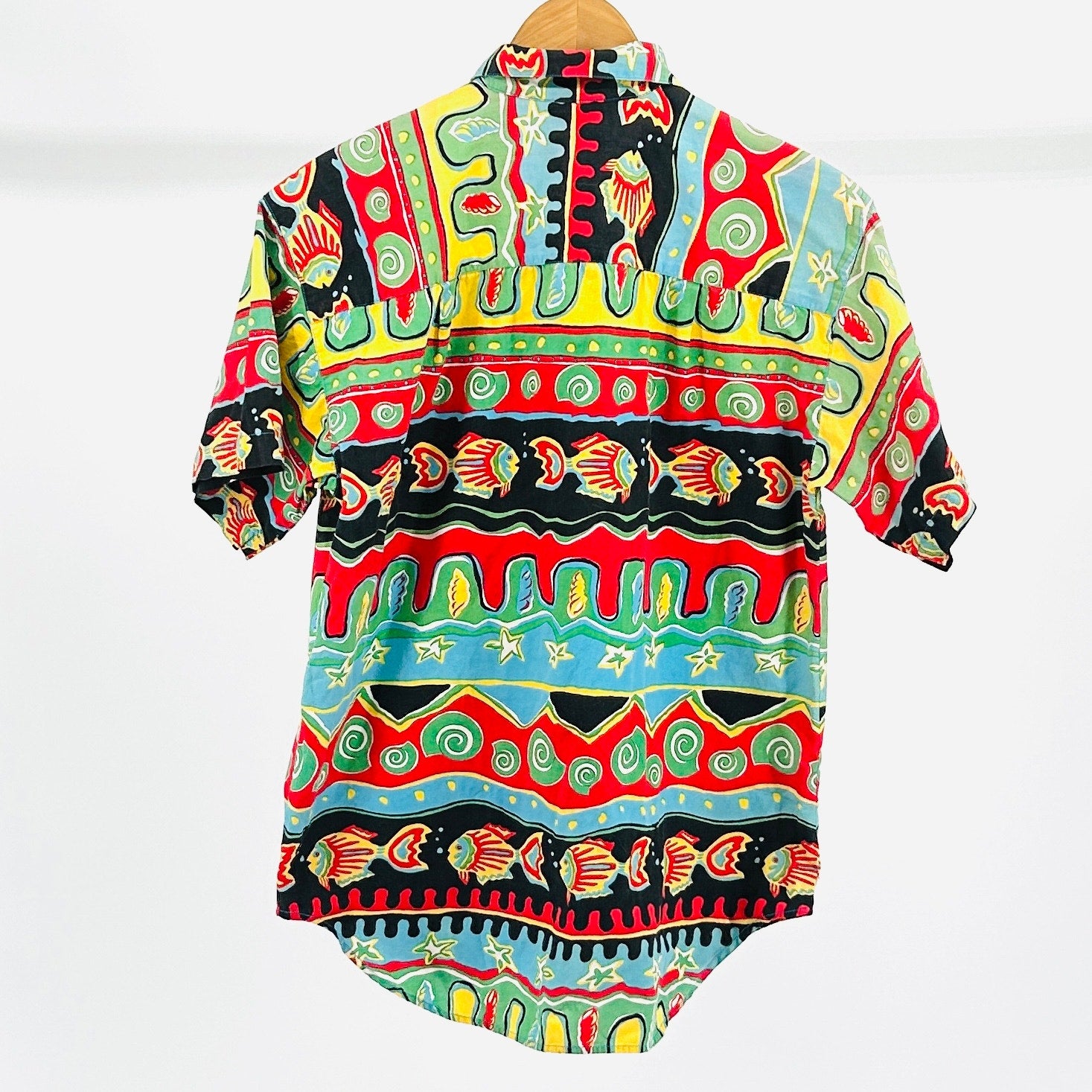 Vintage 90s Bechame Casual Multicolor 100% Cotton Fish Print Button Down Shirt