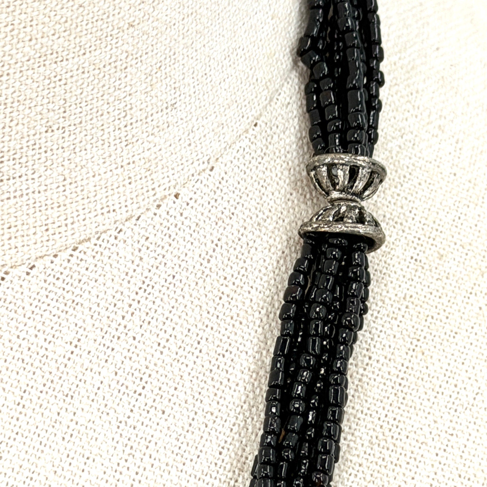 Vintage Black Multi Strand Glass Seed Bead Silver Tone Accent Statement Necklace