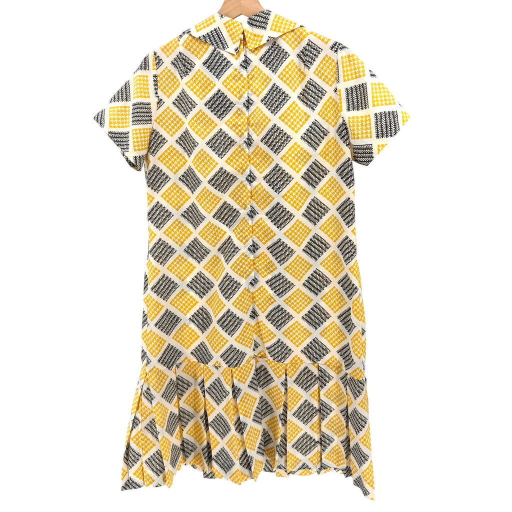 Vintage 60s Handmade Yellow Geometric Check Pleated Drop Waist Dress