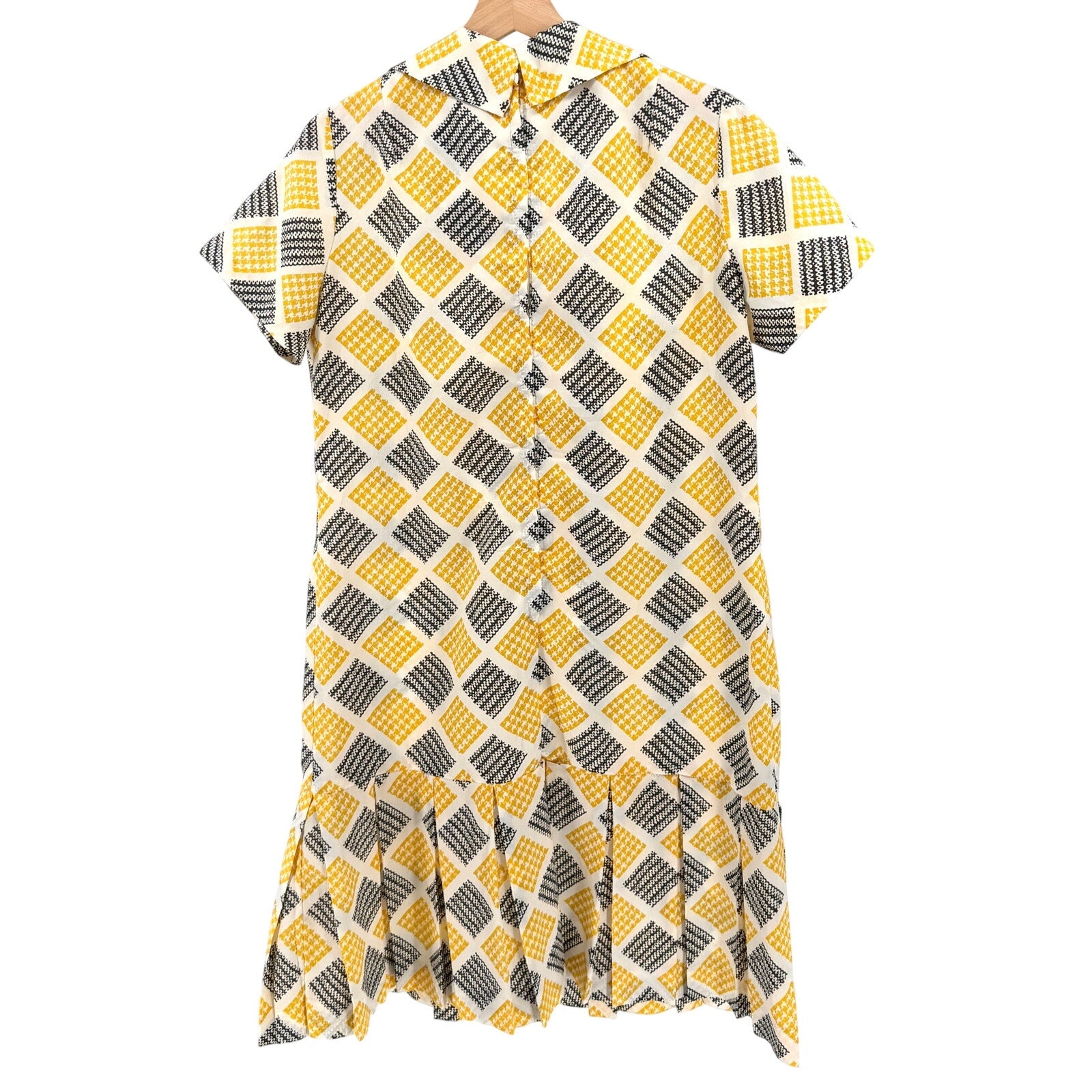 Vintage 60s Handmade Yellow Geometric Check Pleated Drop Waist Dress