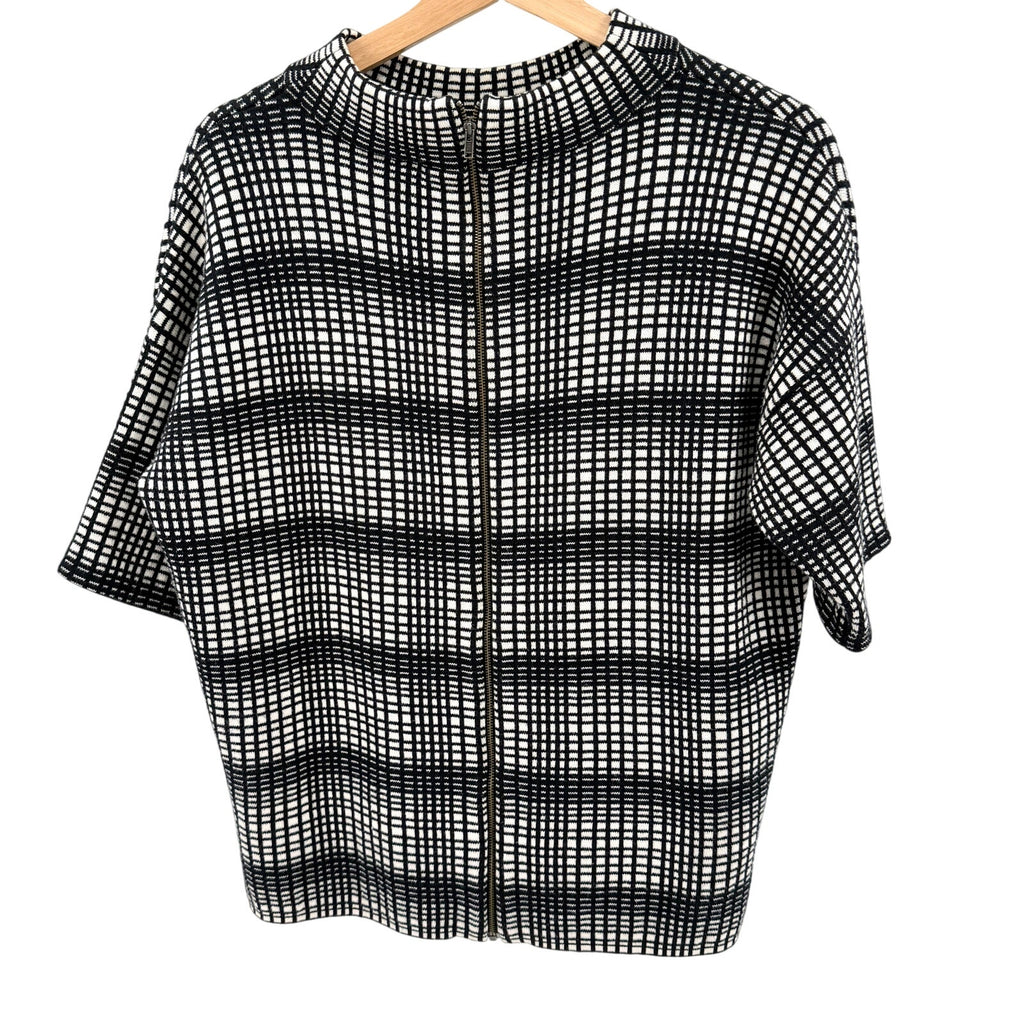 French Connection Black White Grid Plaid Zip Mock Neck Sweater Top