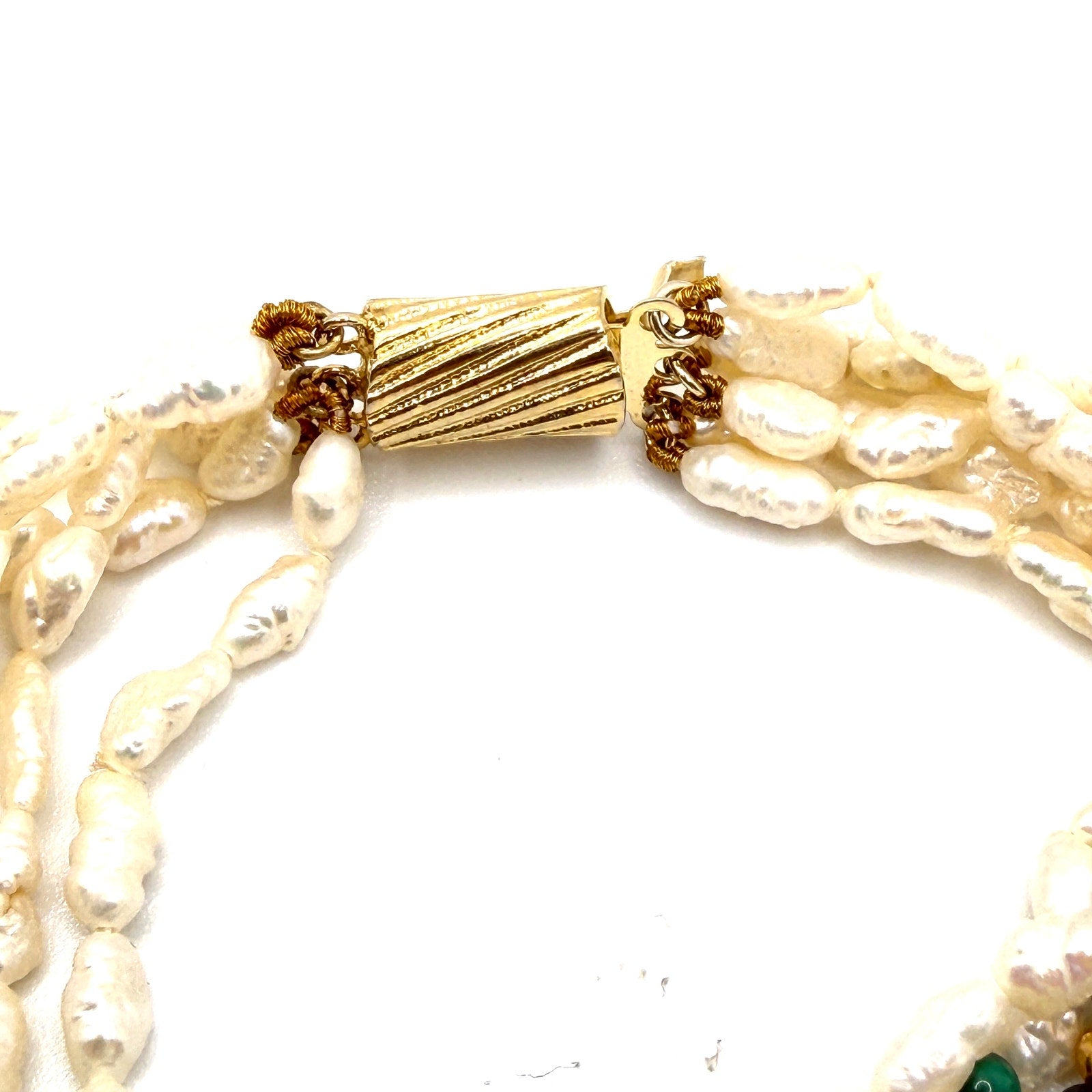 Vintage 80s Multi Strand Rice Pearl Malachite Necklace Bracelet Jewelry Set