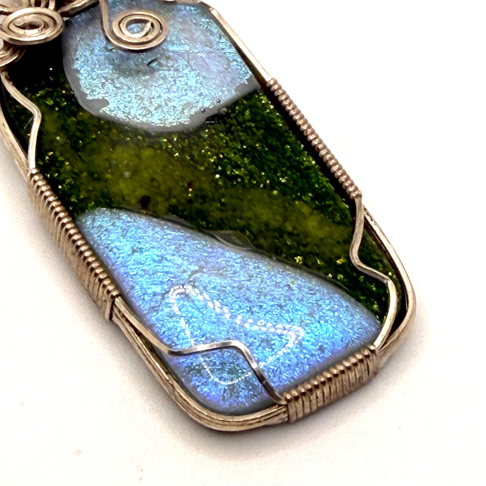 Vintage 90s Green Blue Dichroic Glass Wire Wrapped Statement Pendant