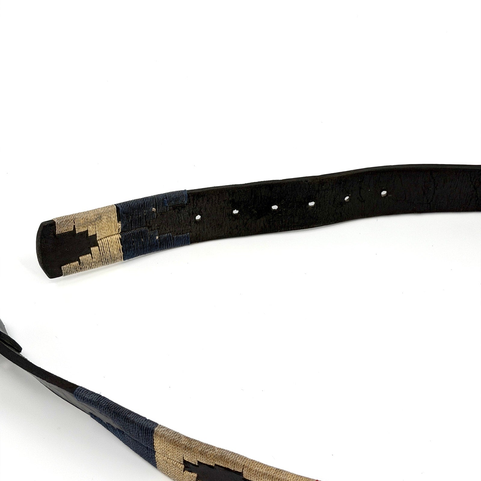 Vintage 90s Black Genuine Leather Aztec Red Blue Stitch Geometric Buckle Belt