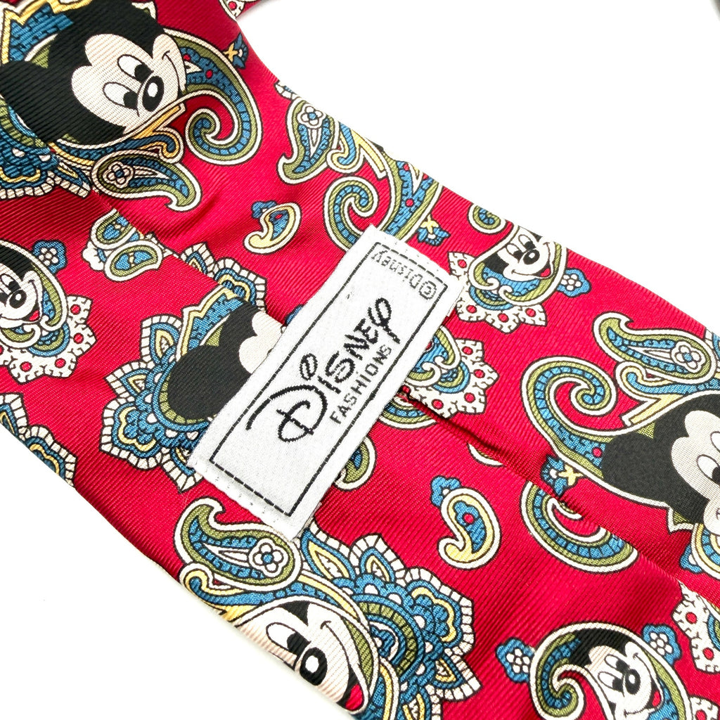 Vintage 90s Disney Red 100% Silk Paisley Mickey Mouse Made in France Necktie