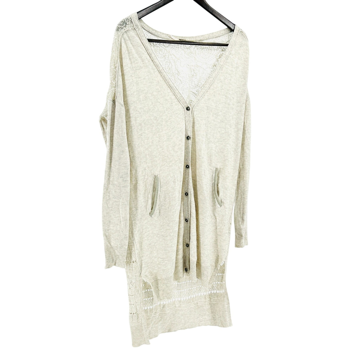 Free People Oatmeal Cream Boho Lace Back Longline Oversized Cardigan