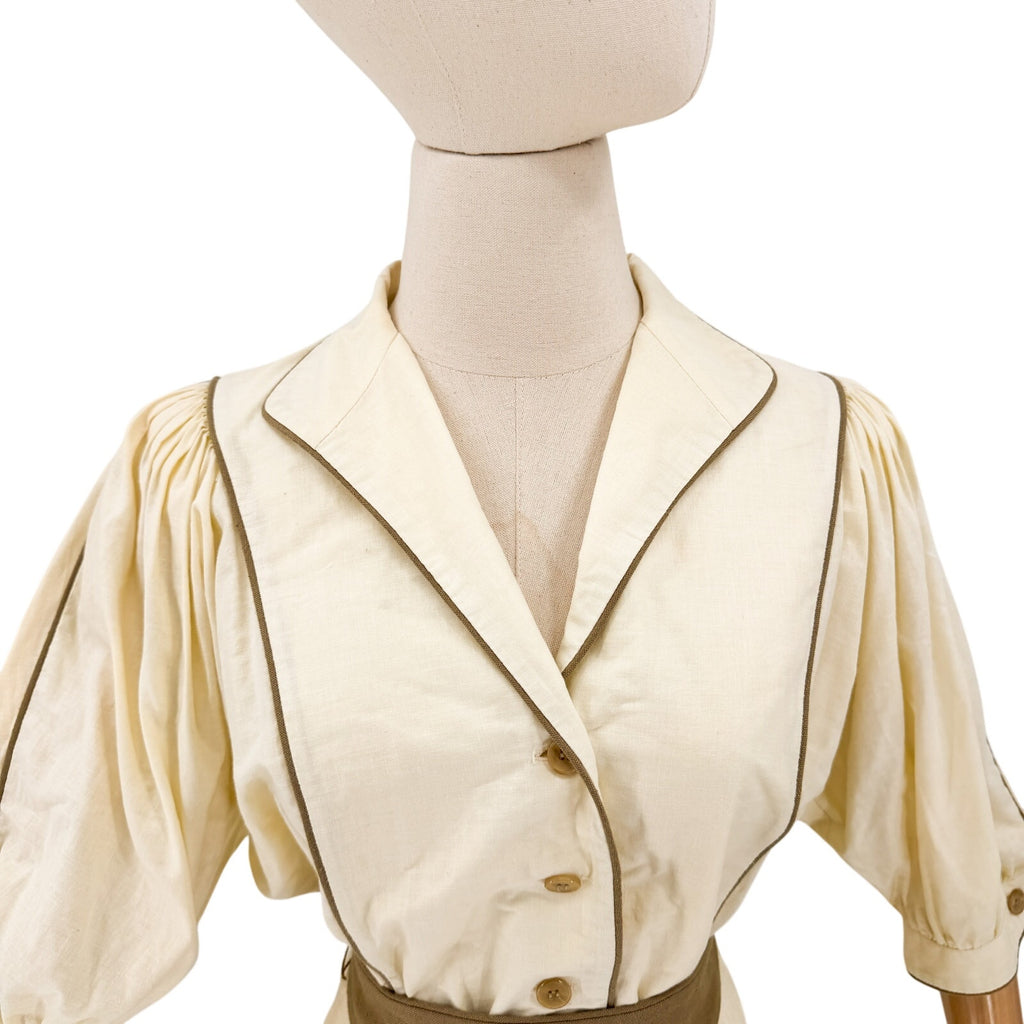 Vintage 80s Albert Capraro Cream Belted A-Line Midi Dress