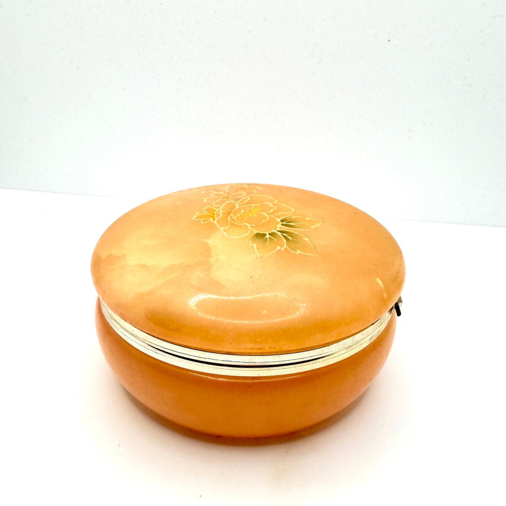 Vintage 70s Italian Hand Carved Peach Alabaster Hand Painted Round Trinket Box