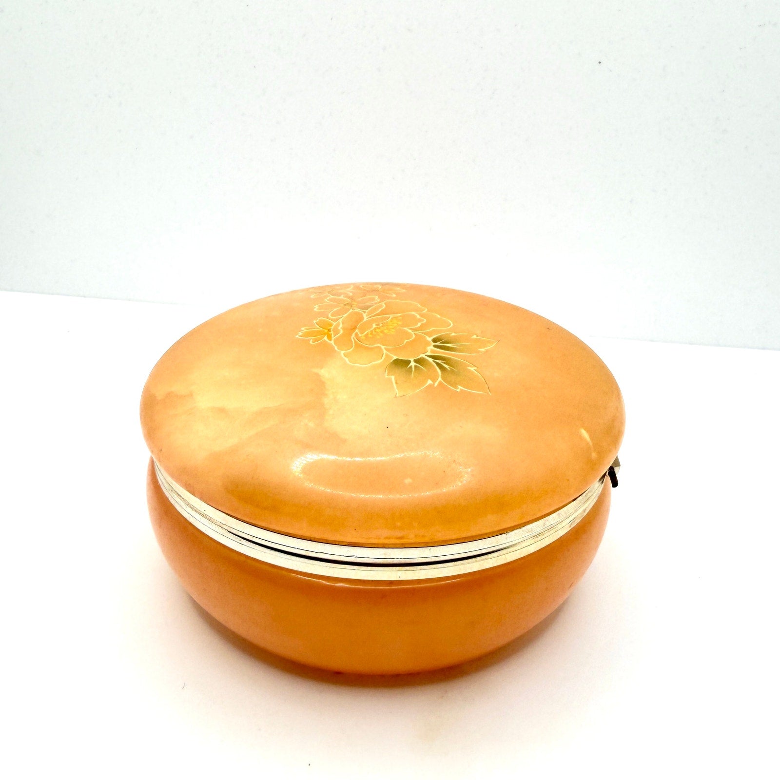 Vintage 70s Italian Hand Carved Peach Alabaster Hand Painted Round Trinket Box