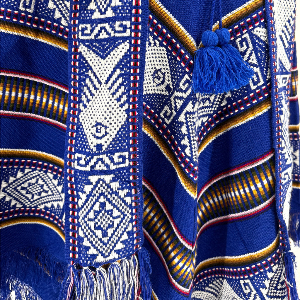 South American Blue Woven Geometric Fish Motif Tassel Fringe Poncho