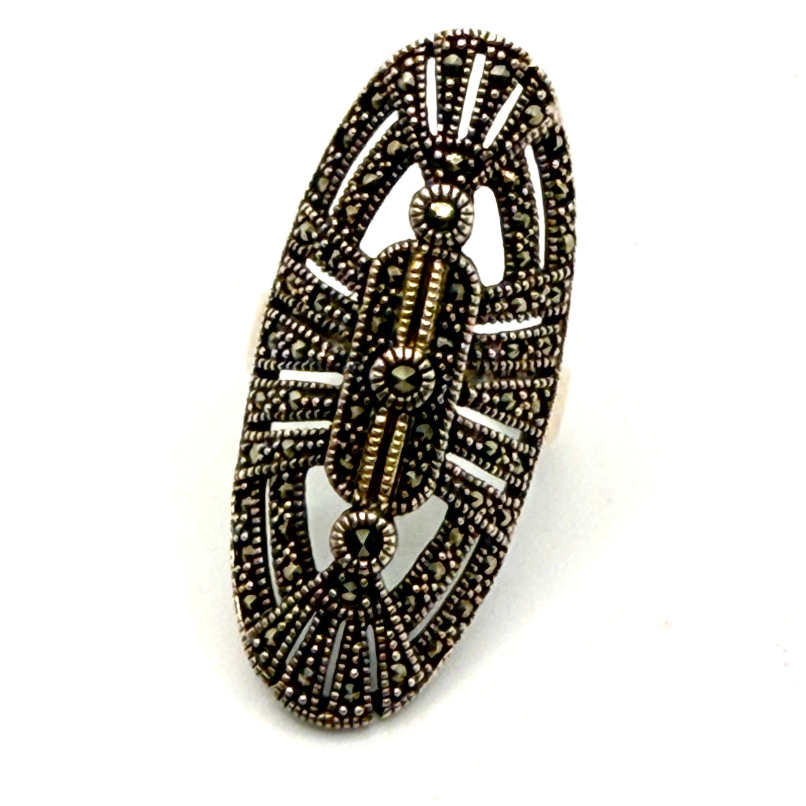 Vintage 90s NF Silver 14K Gold Marcasite Art Deco Elongated Shield Ring
