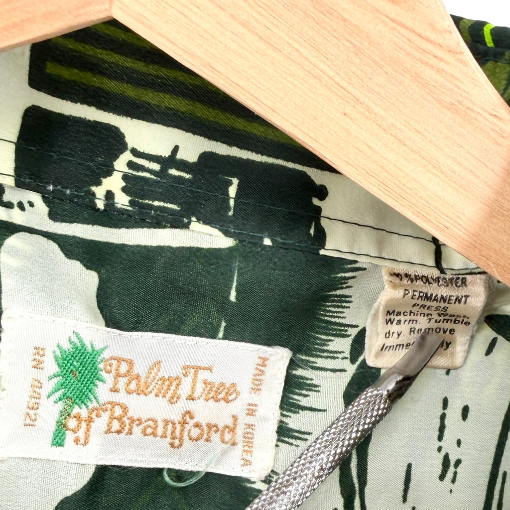 Vintage 70s Palm Tree of Branford Green Hawaiian Tiki Dagger Collar Shirt
