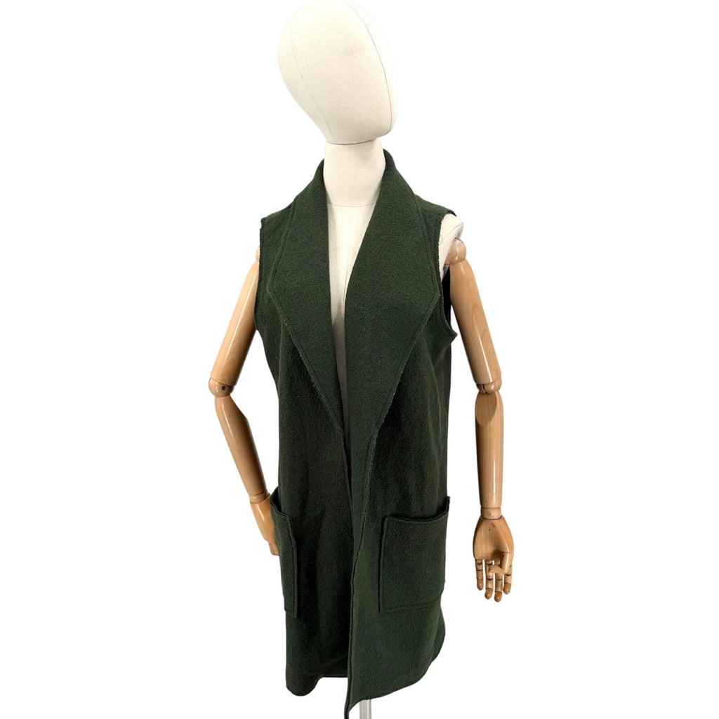 Tahari Forest Green Longline Open Front Duster Patch Pocket Vest