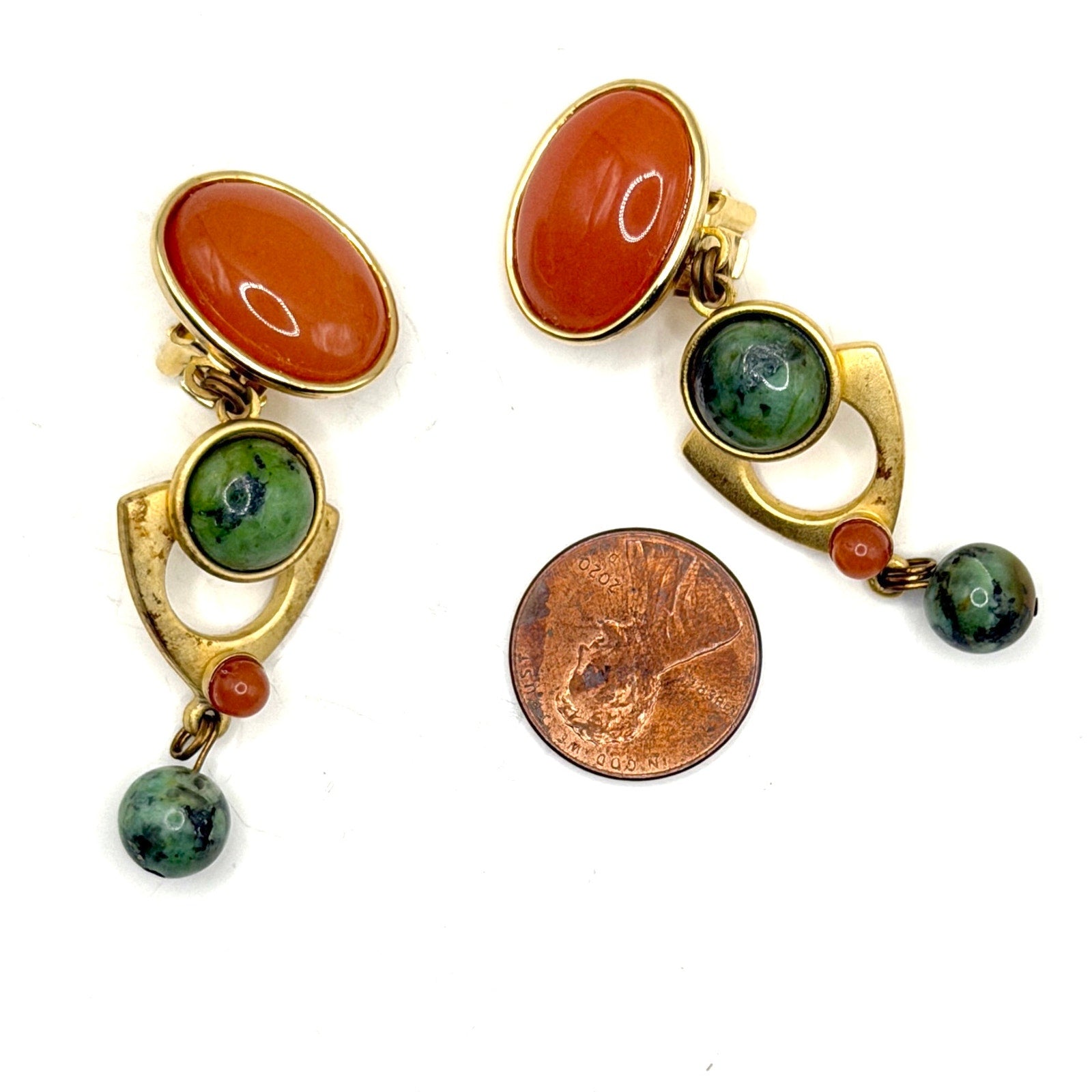 Vintage 80s Gold Orange Green Resin Geometric Dangle Clip On Earrings
