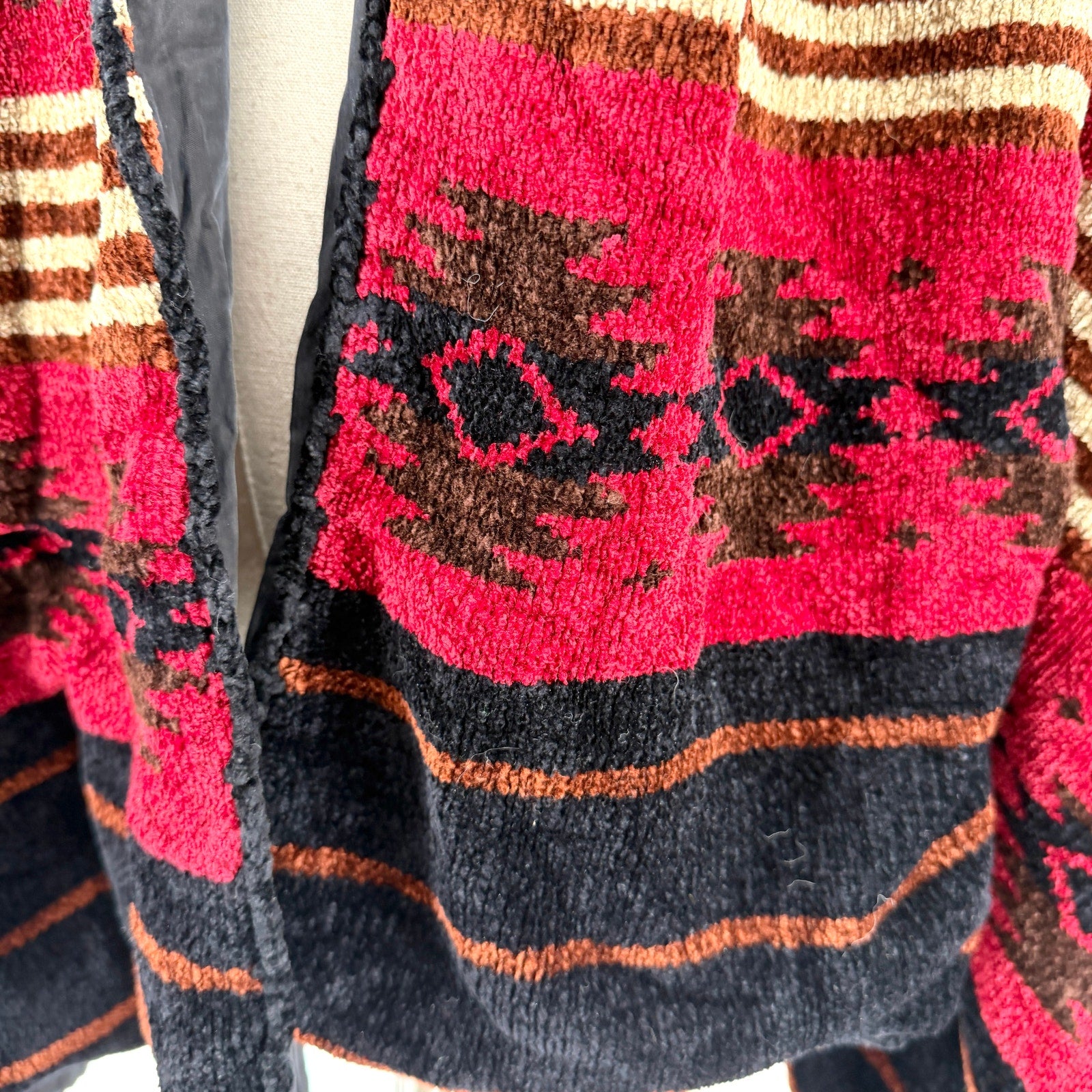 Vintage 90s Aztec Red Black Chenille Woven Wrap Blanket Poncho Shawl
