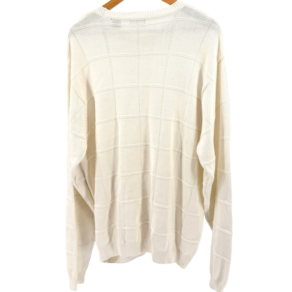 Vintage 90s Izod White 100% Cotton Chunky Grid Knit Crewneck Sweater