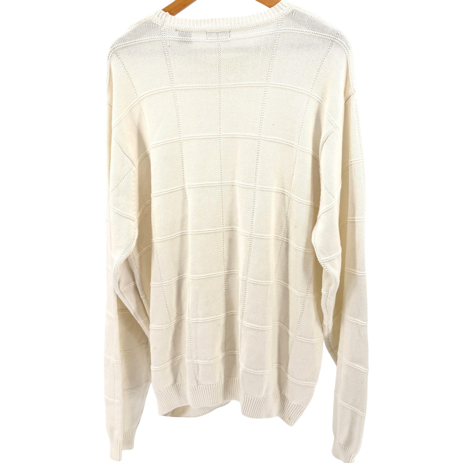 Vintage 90s Izod White 100% Cotton Chunky Grid Knit Crewneck Sweater