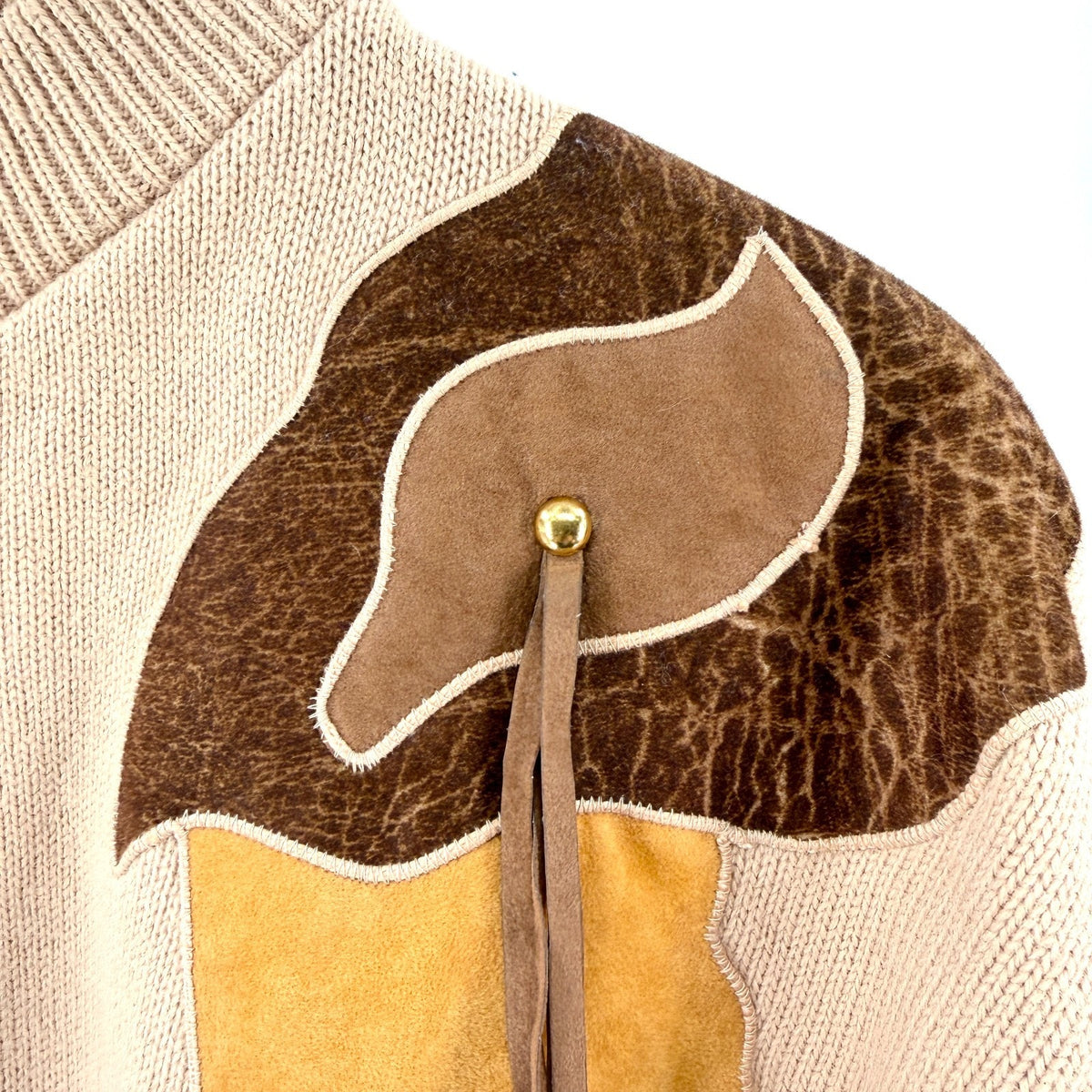 Vintage 80s Rugby Road Tan Faux Leather Tassel Abstract Applique Sweater