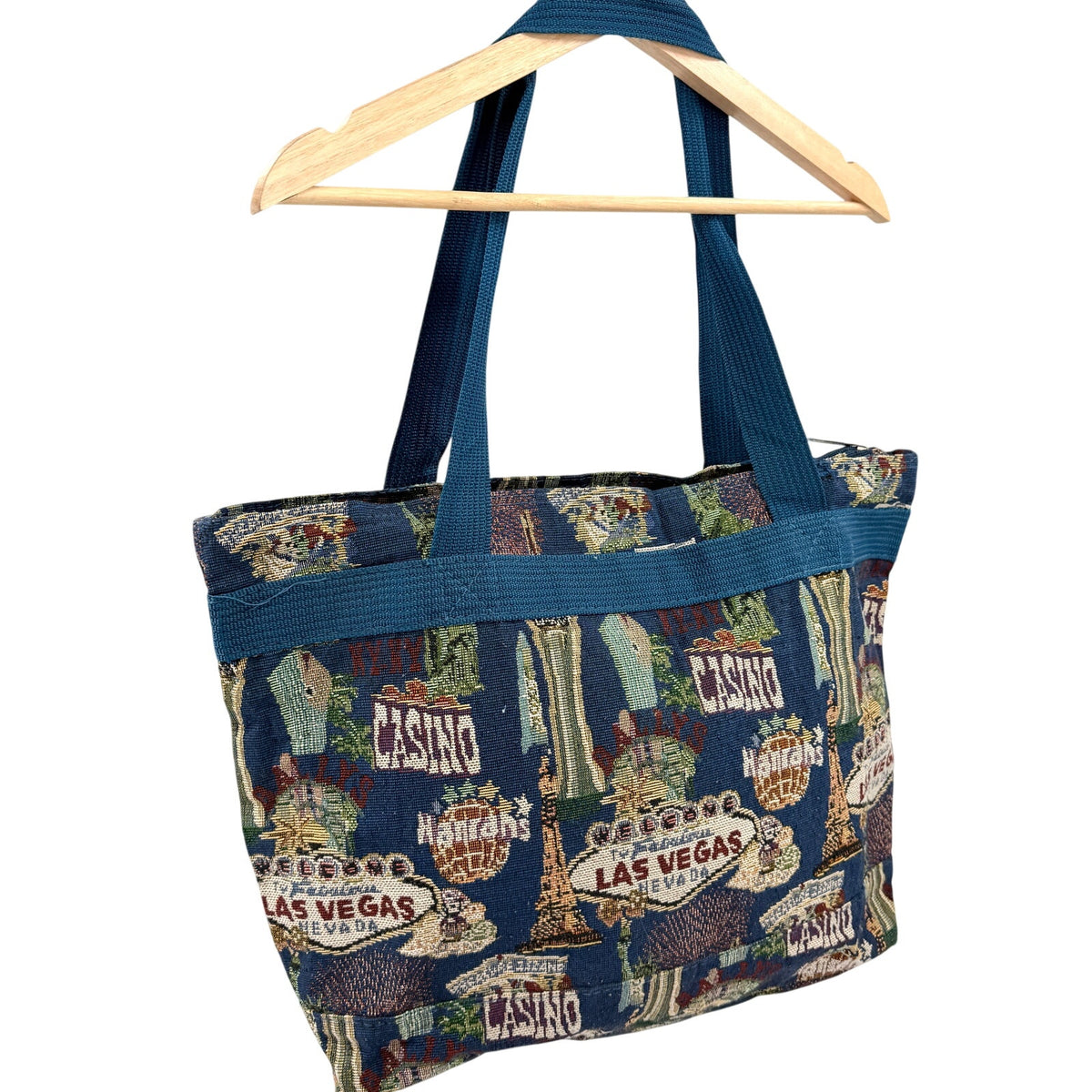 Vintage 90s Bovano USA Blue Las Vegas Tapestry Tote Bag