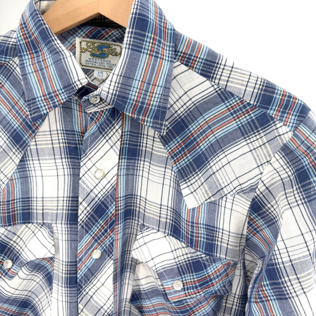 Vintage 70s Double S Blue Plaid Pearl Snap Western Shirt
