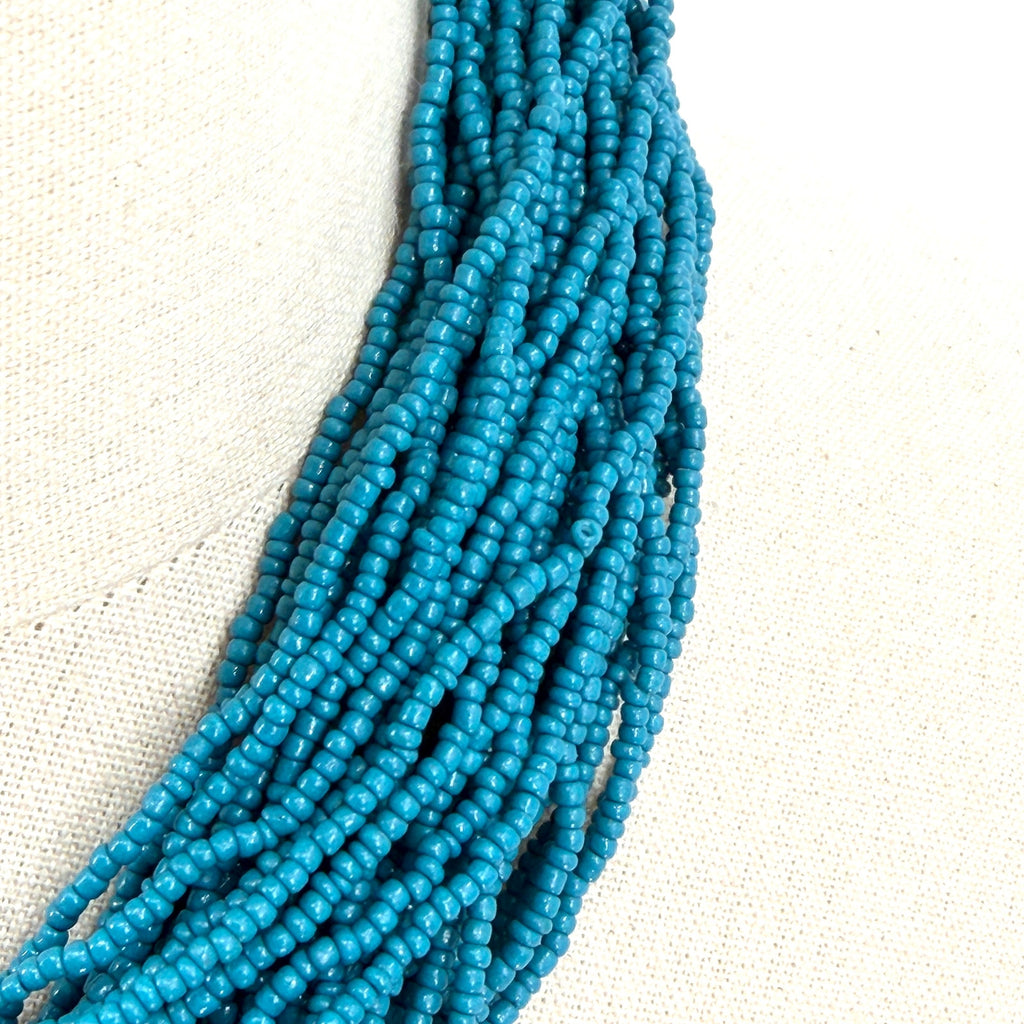 Vintage 90s Blue Ceramic Seed Bead Afrobohemian Multi Strand Necklace