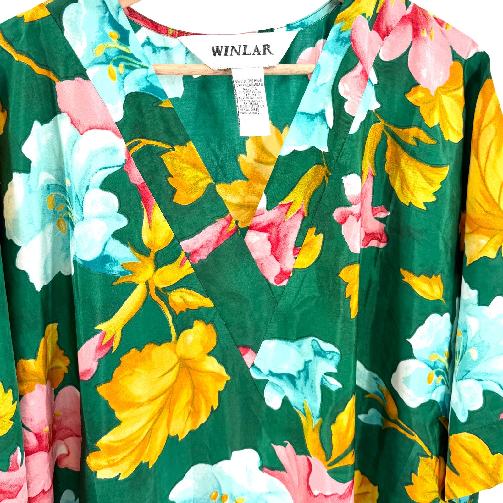 Vintage 90s Winlar Green Yellow Pink Floral Loungewear Kaftan Maxi Dress