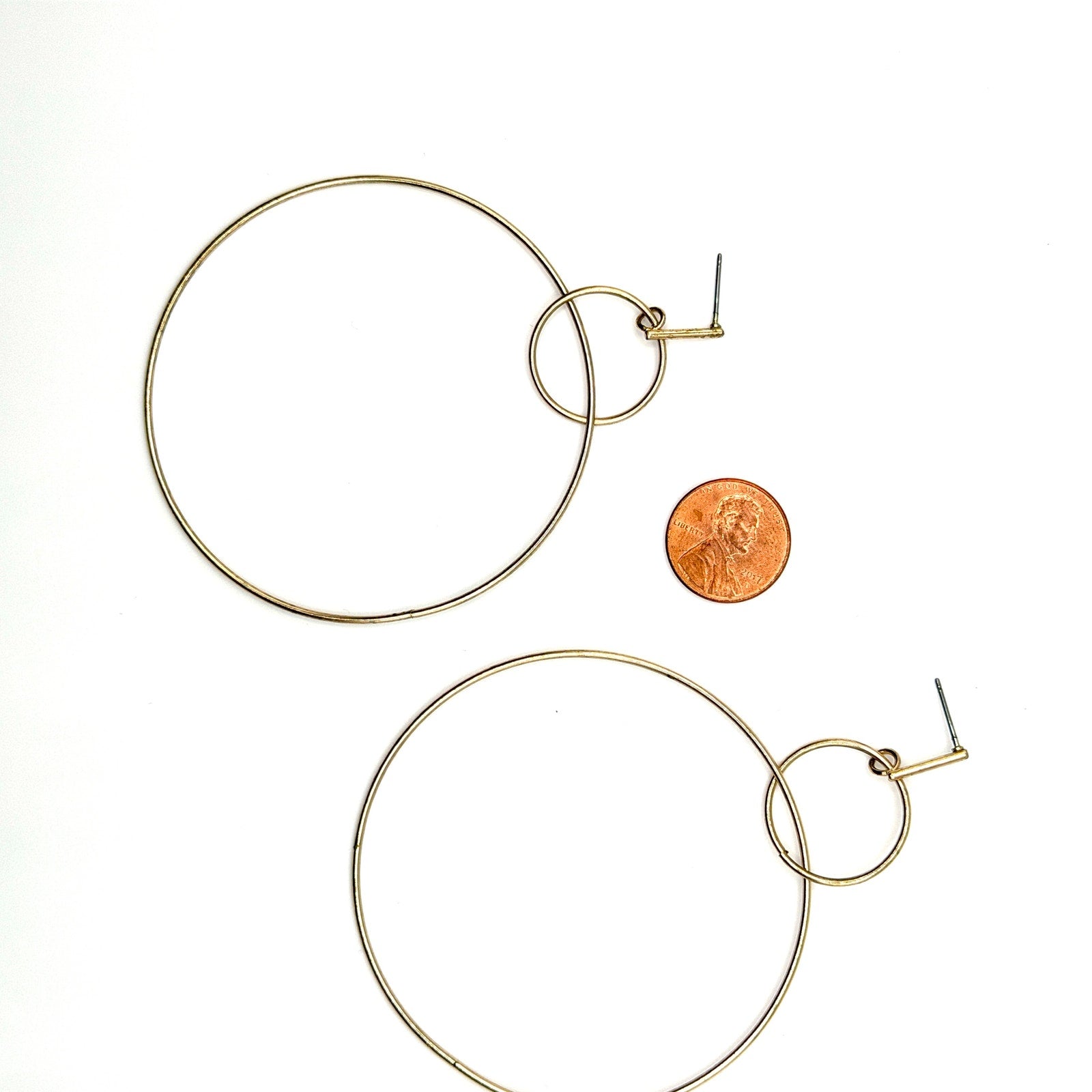 Vintage 70s Gold Tone Geometric Double Interlocking Hoop Dangle Earrings