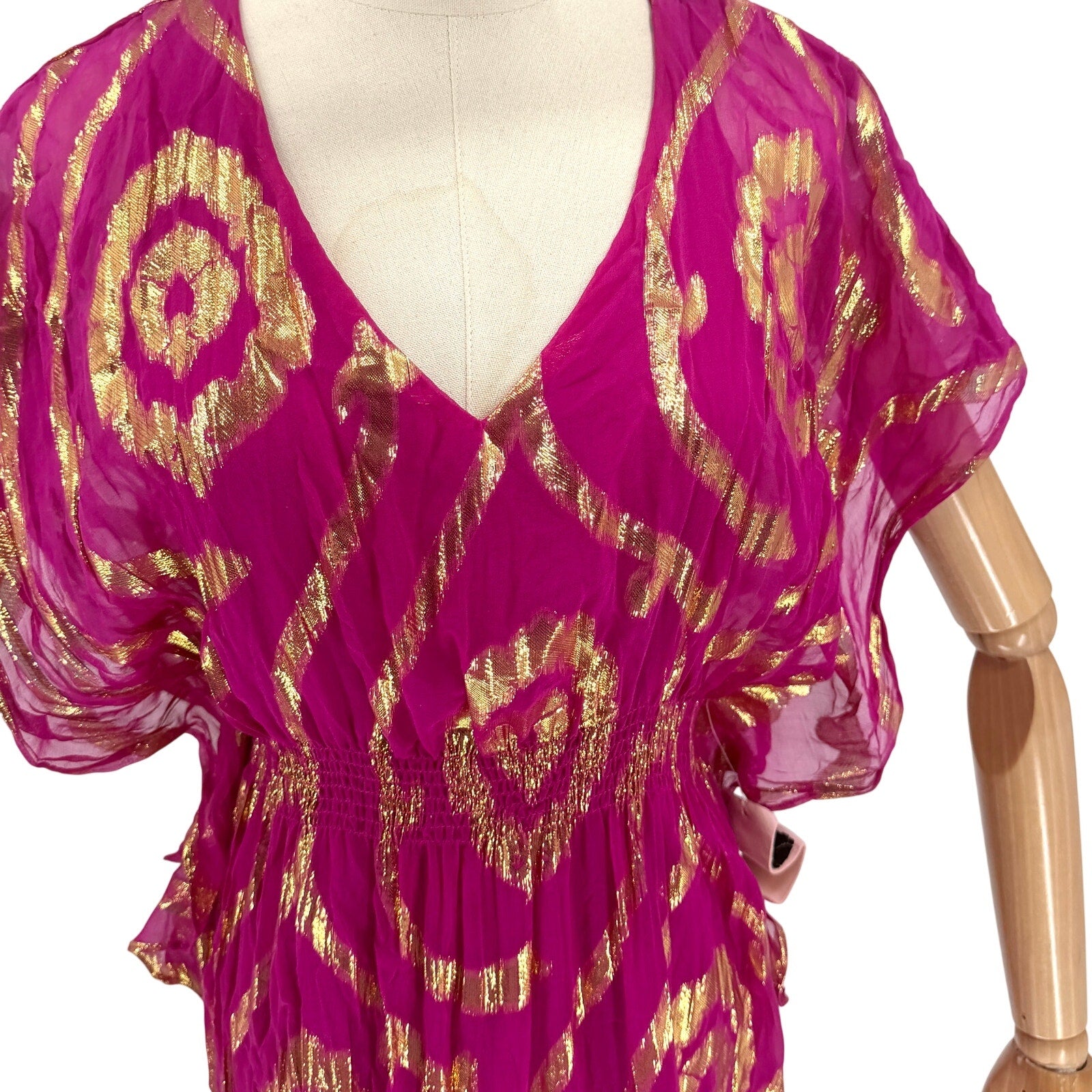 Oleg Cassini Magenta Gold Metallic Lurex Glam Silk Blend Mini Dress