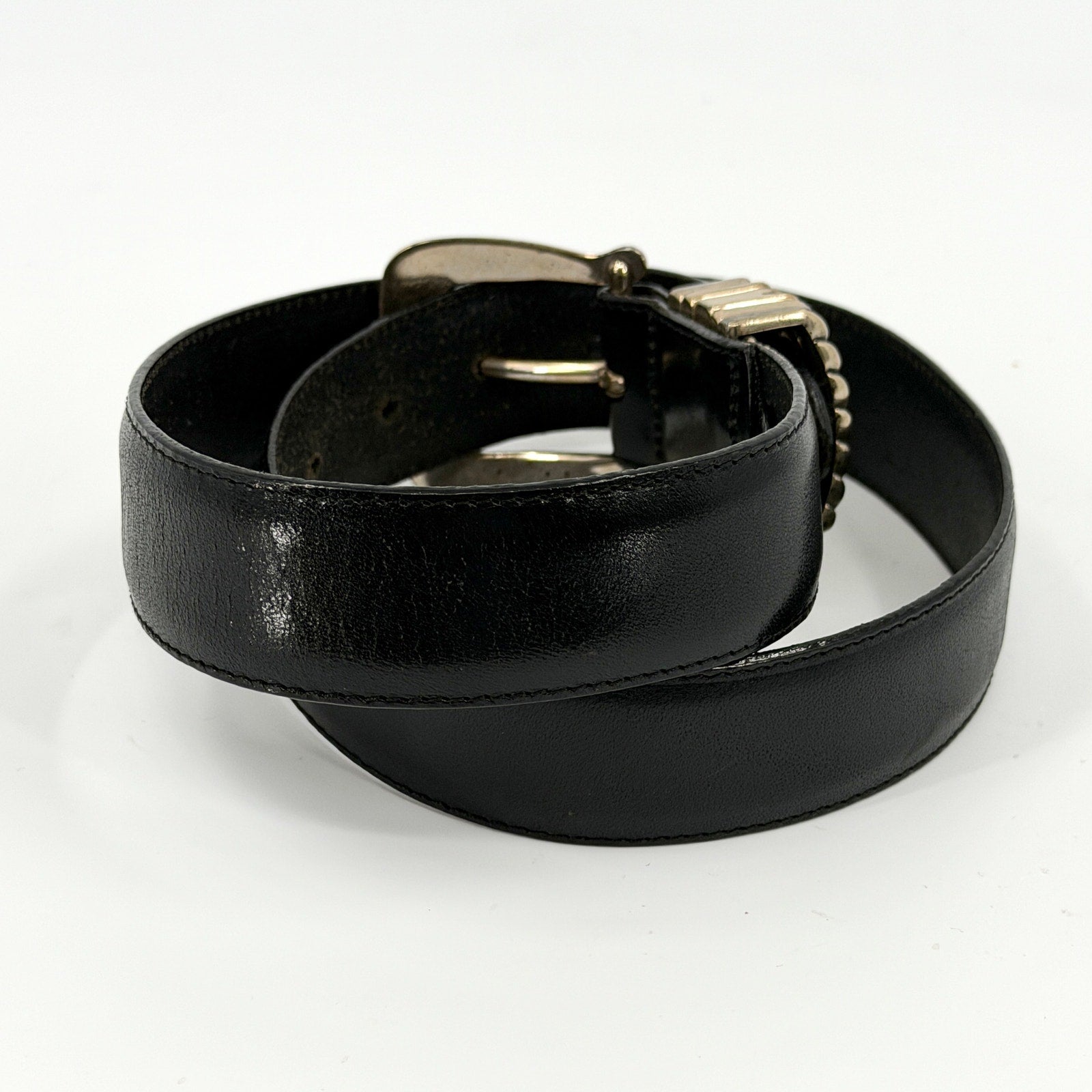 Vintage 90s Brighton Black Genuine Leather Silver Buckle Belt