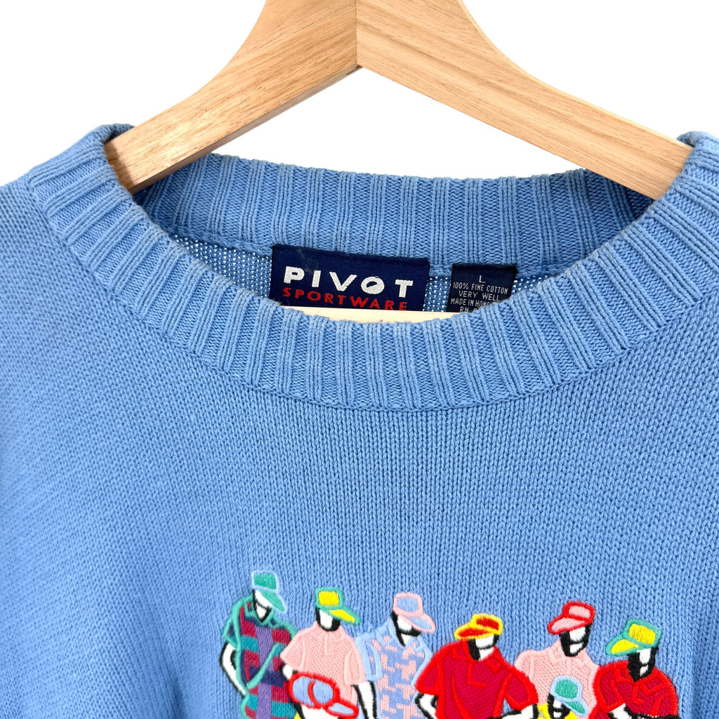 Vintage 90s Pivot Sportware Blue 100% Cotton Novelty Golf Crewneck Sweater