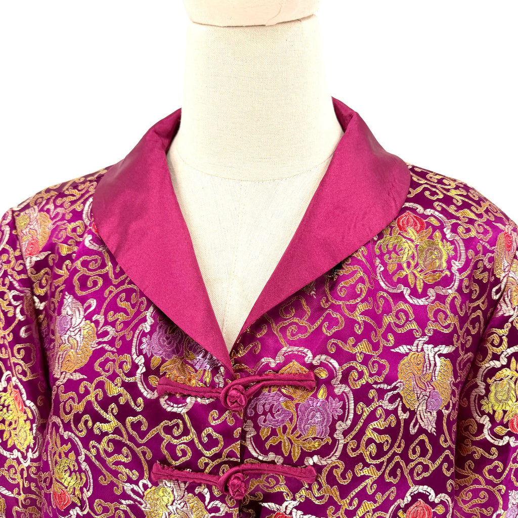 Vintage 90s Purple and Gold Satin Floral Chinese Frog Closure Jacket