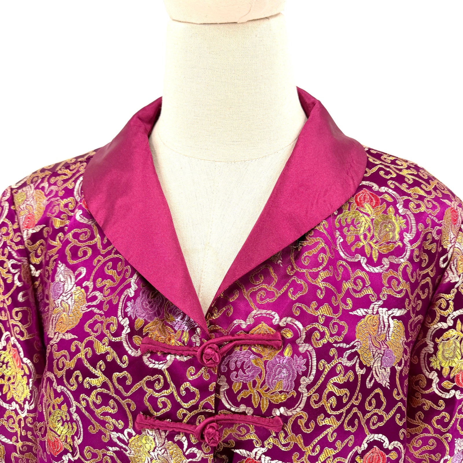 Vintage 90s Purple and Gold Satin Floral Chinese Frog Closure Jacket