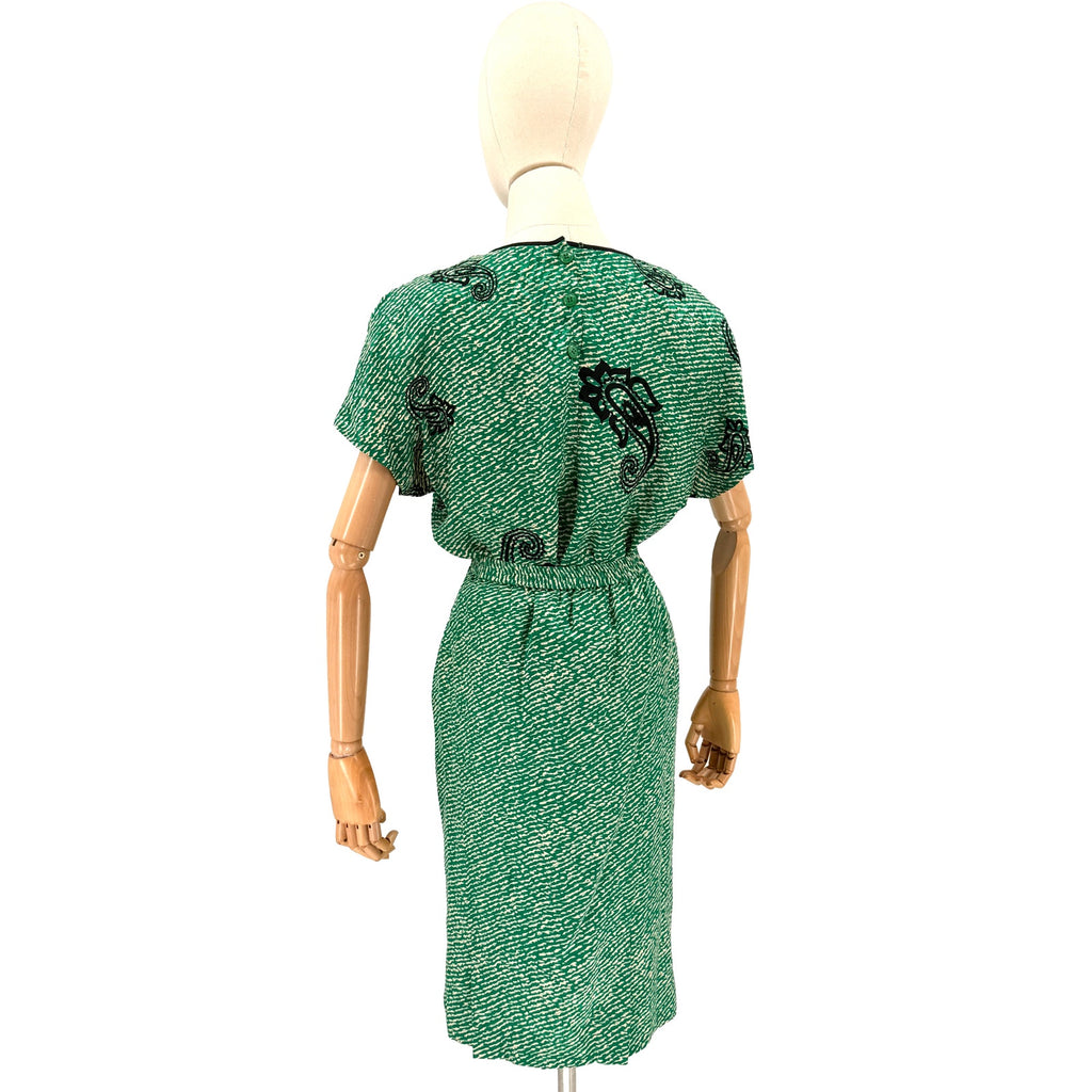 Vintage 80s Green Paisley Satin Custom Made Tribal Boho Skirt Set