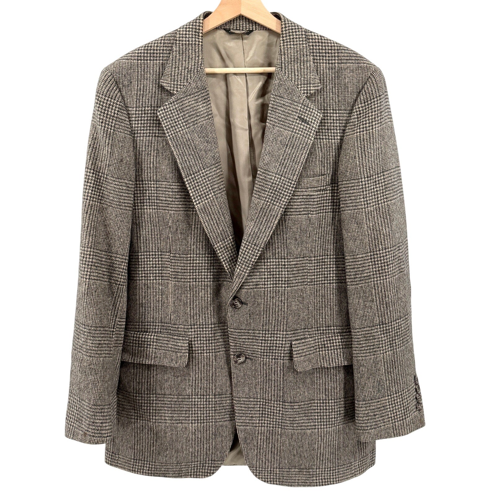 Vintage 80s Bill Blass Beige Black Plaid 100% Camel Hair Preppy Blazer