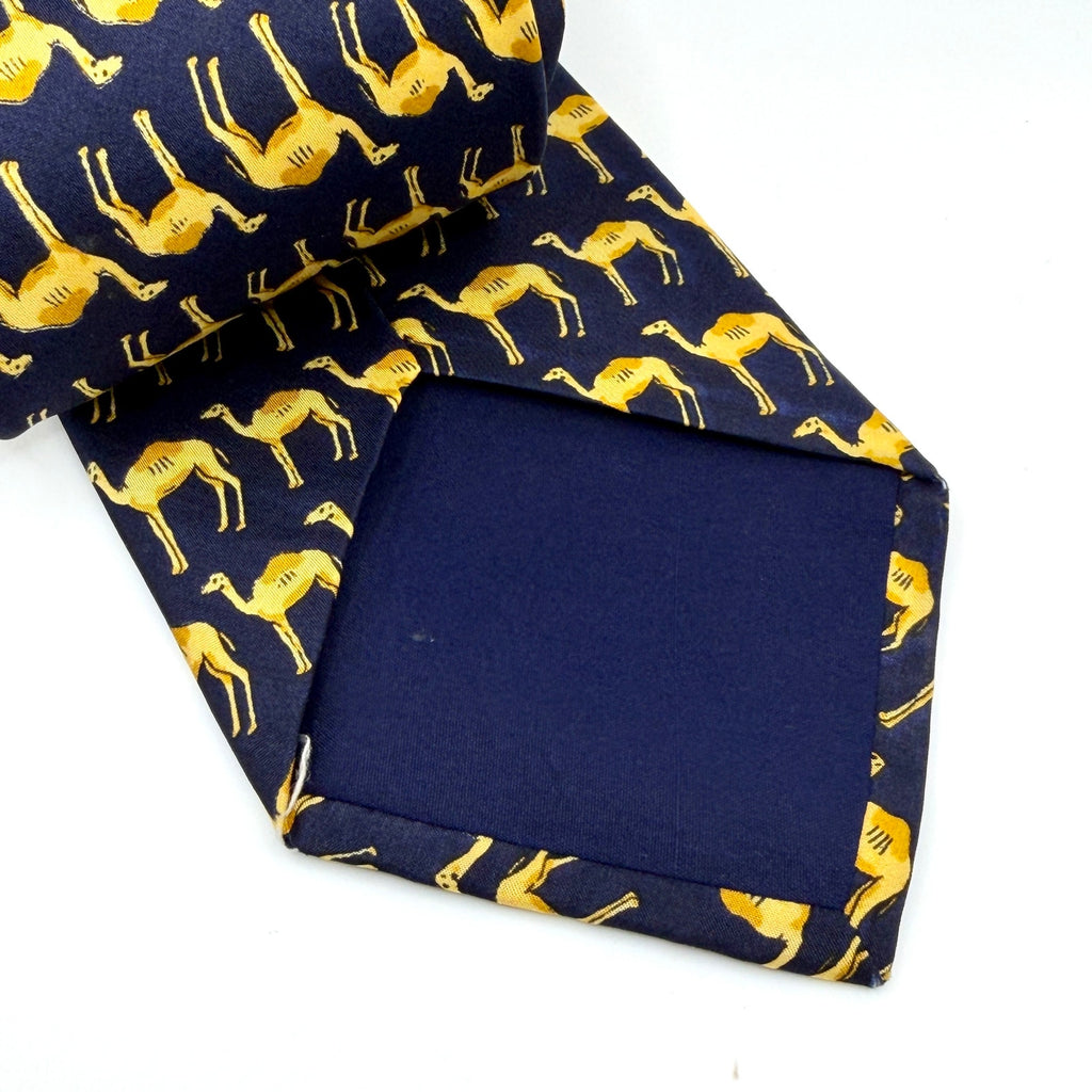 Vintage 90s Navy Silk Gold Camel Novelty Necktie