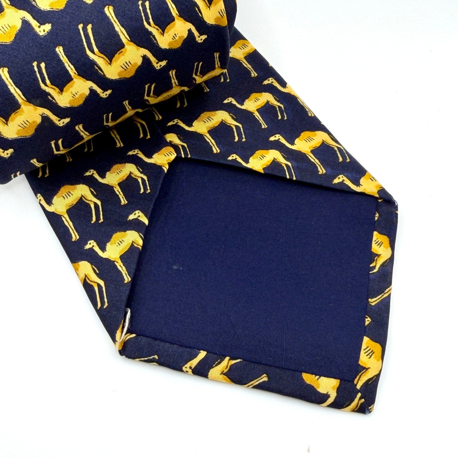 Vintage 90s Navy Silk Gold Camel Novelty Necktie