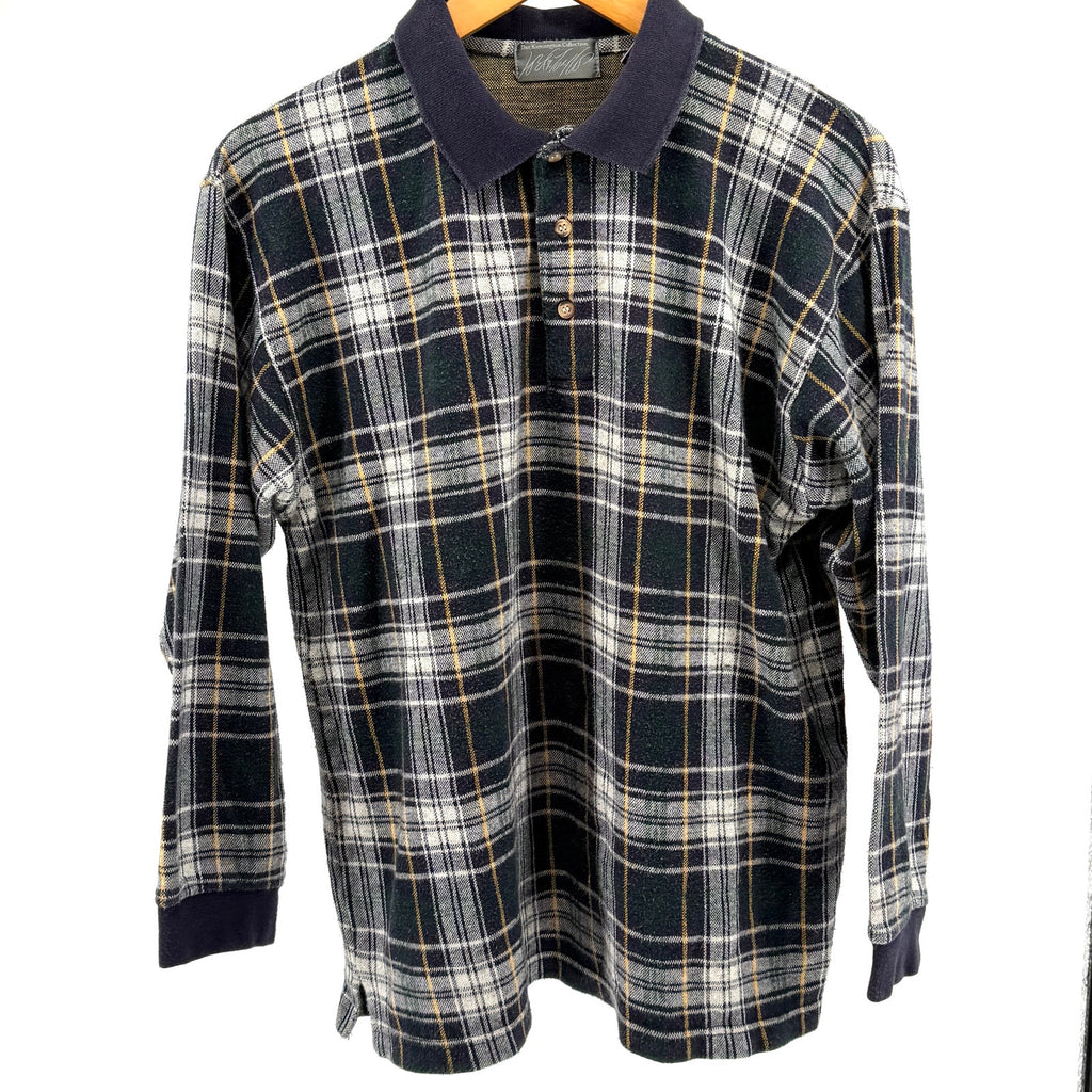 Vintage 90s Lord & Taylor 100% Cotton Blue Green Woven Knit Plaid Polo Shirt