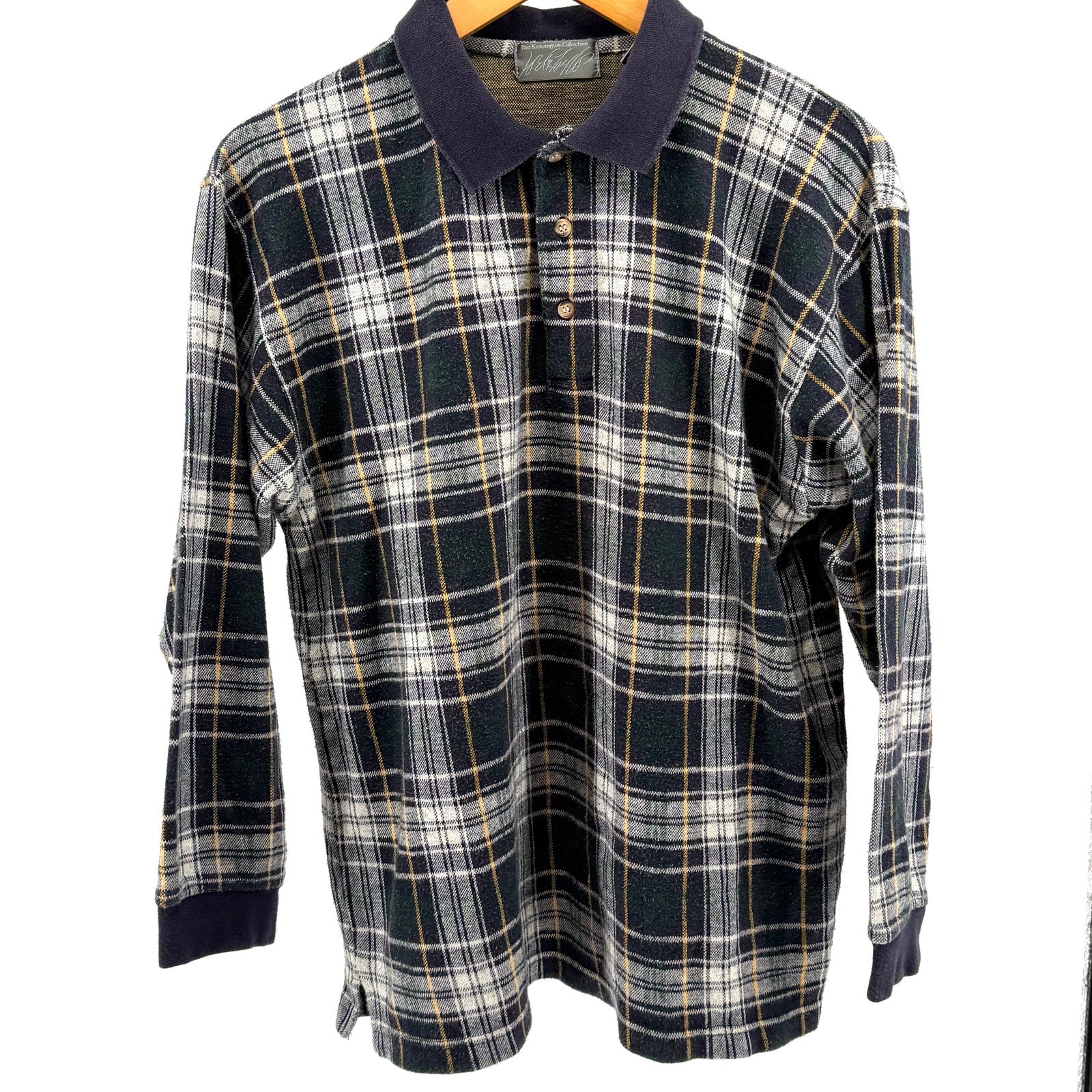 Vintage 90s Lord & Taylor 100% Cotton Blue Green Woven Knit Plaid Polo Shirt