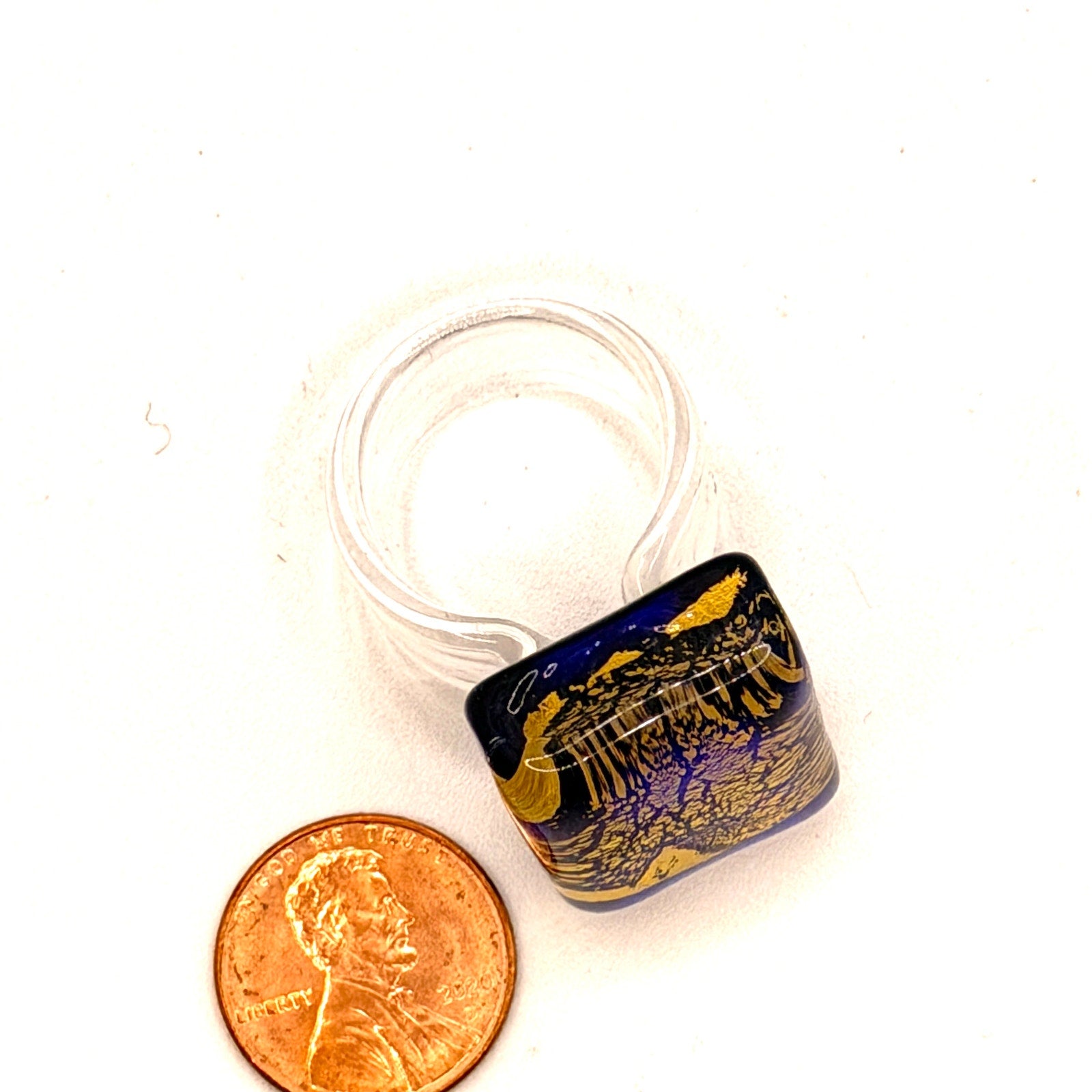 Vintage 90s Handblown Cobalt Blue Gold Foil Abstract Glass Modernist Ring