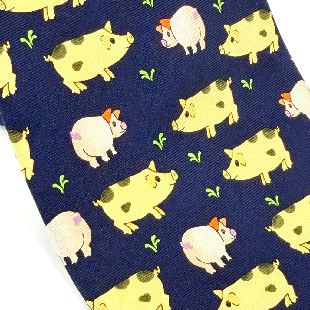 Vintage 90s Alynn Neckwear Navy Silk Oink Pig Novelty Necktie